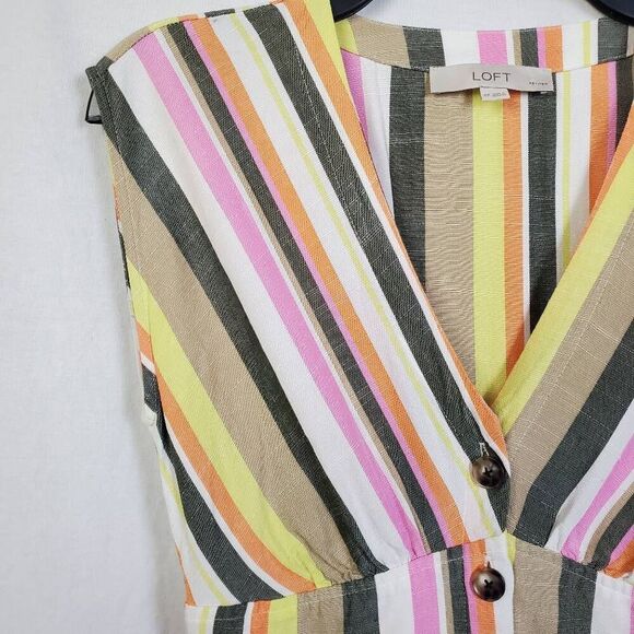 LOFT Petites Button Front Dress Multicolor Striped Sleeveless V-Neck 0P Viscose - Picture 2 of 8